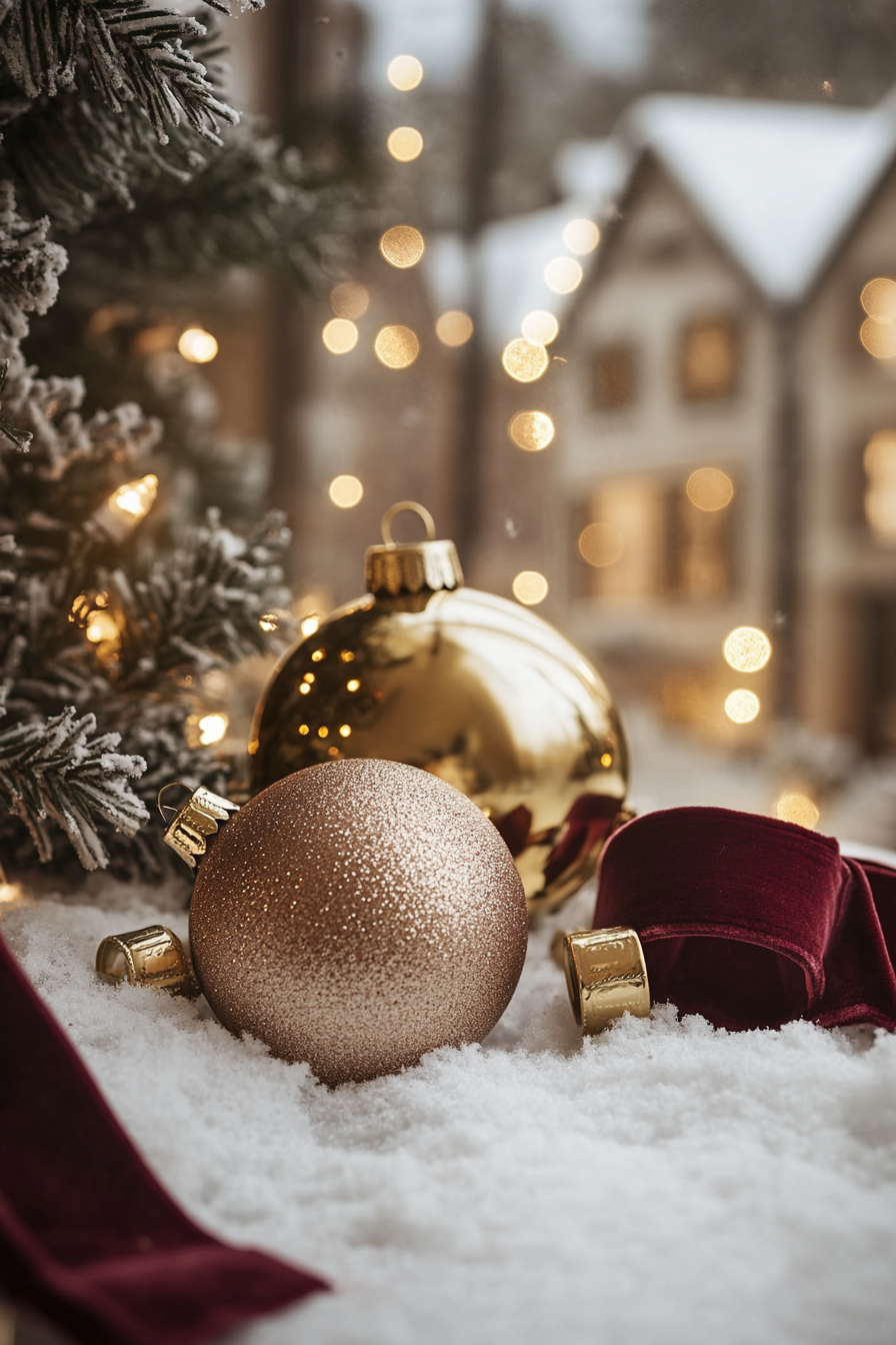 Wide angle Christmas interior. Vintage brass ornaments and burgundy velvet ribbons against snow-covered village.