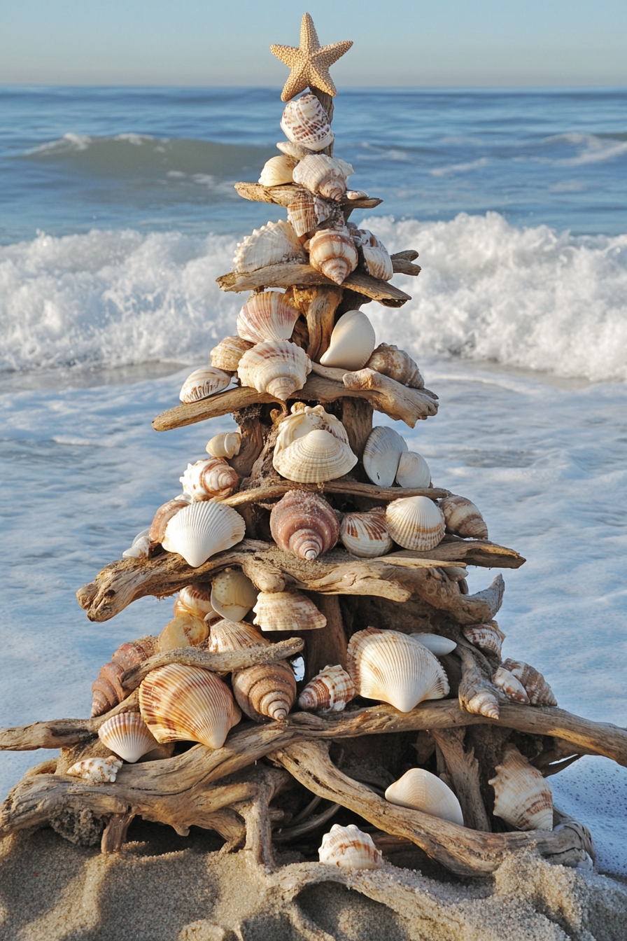 Holiday decor. Driftwood tree adorned with shell ornaments, against backdrop of winter ocean waves.