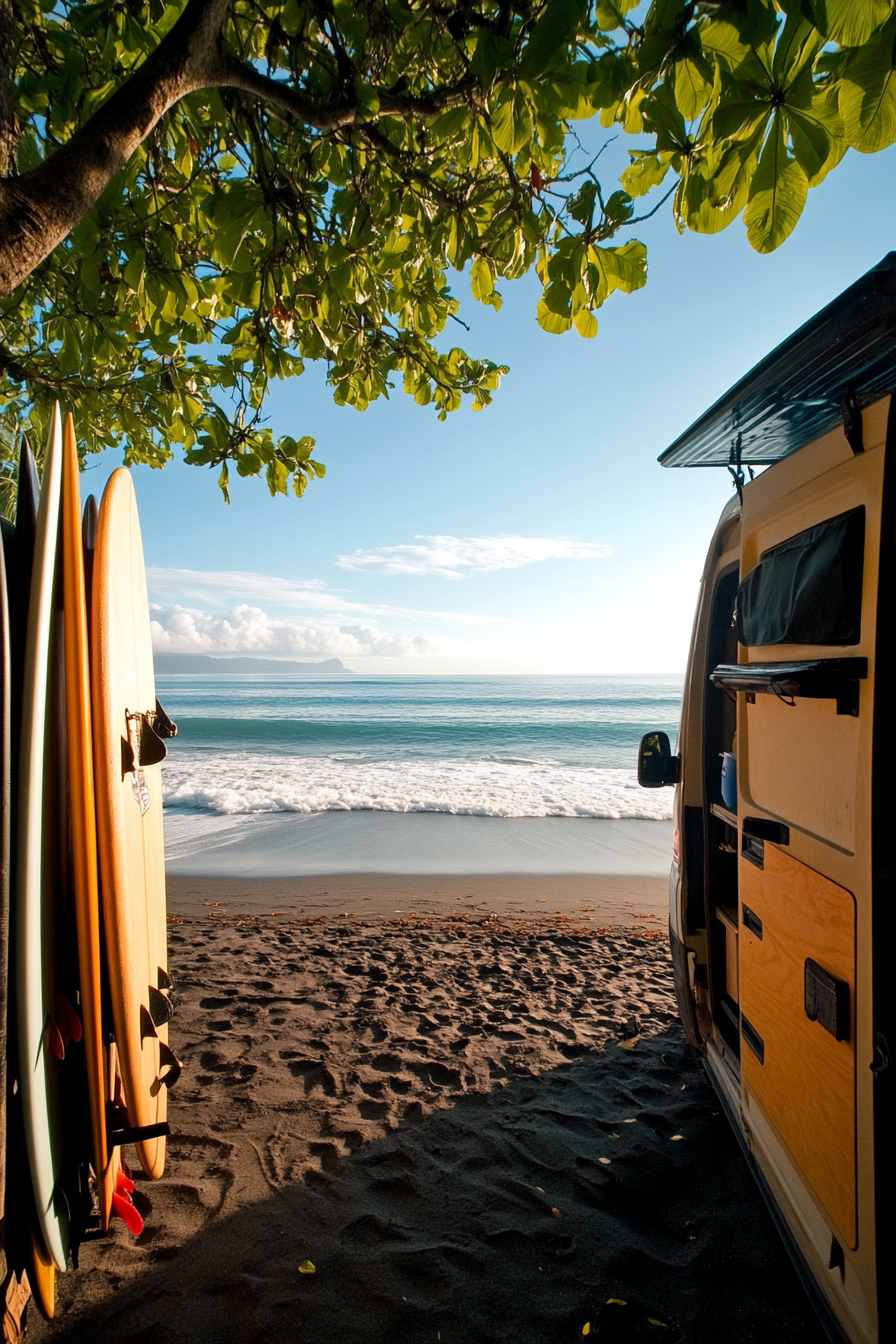 Wide angle beach view. Van with surfboard racks and outdoor shower, black sand, perfect waves.