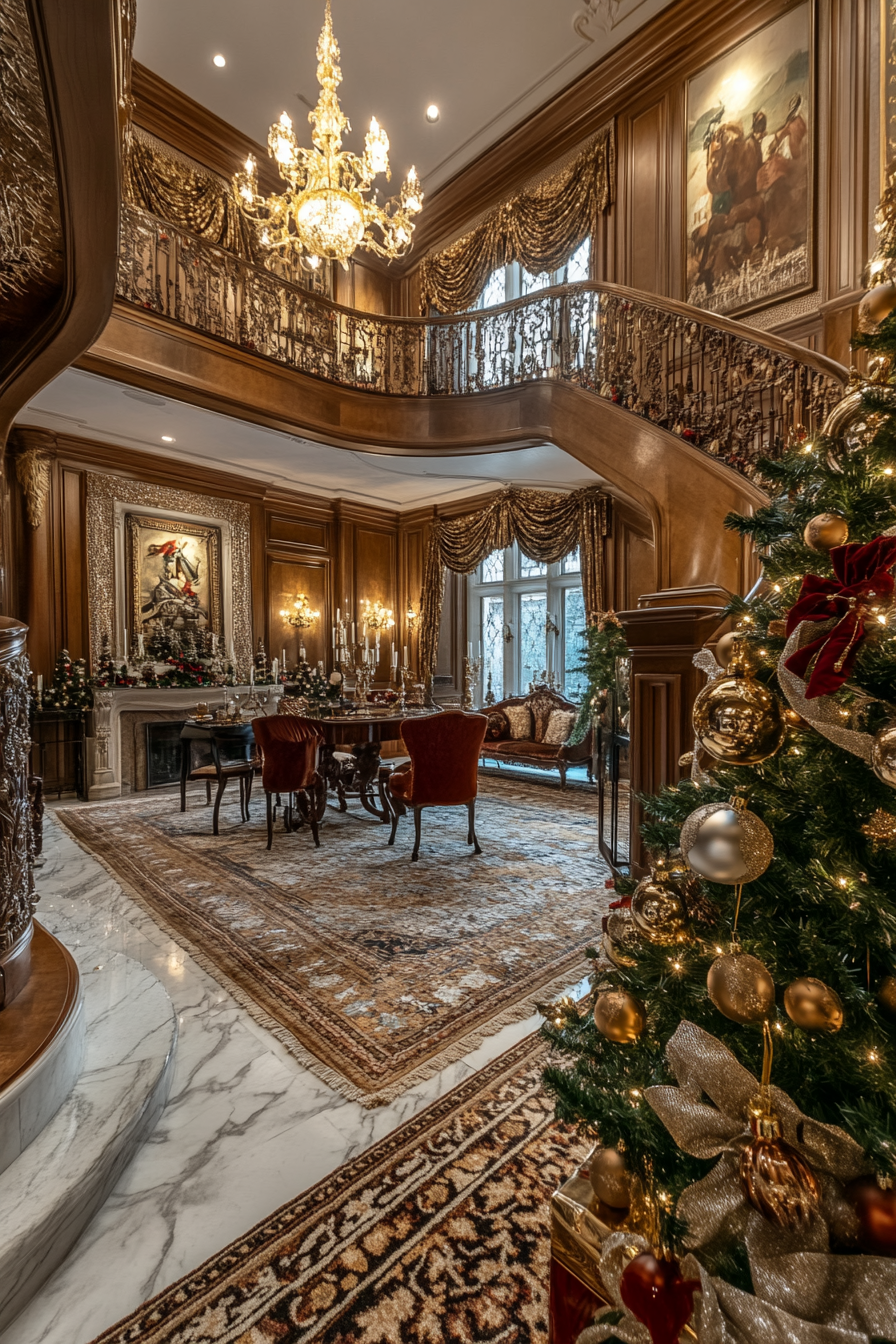 Wide angle view of Christmas interior. Antique glass ornaments on Frazier fir, velvet ribbons.