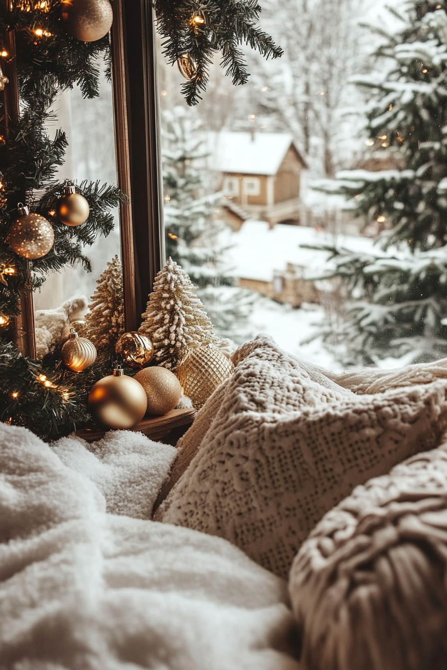 Christmas interior. Velvet-covered mirror with gold vintage ornaments, snow-covered village in background.