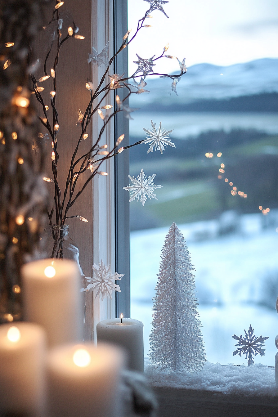 Modern Christmas décor. White lights and paper snowflakes, view of frost-covered valley.