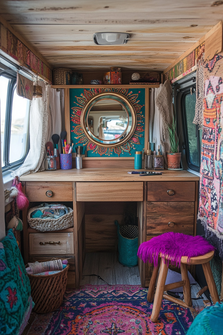 Bohemian van vanity area. Natural wood makeup storage, colorful mandala pattern ring light, and brass folding mirror.