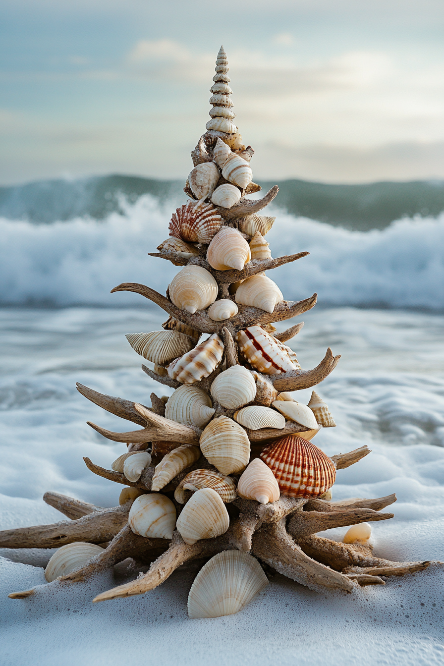 Holiday decor. Driftwood tree adorned with shell ornaments against backdrop of wintry ocean waves.