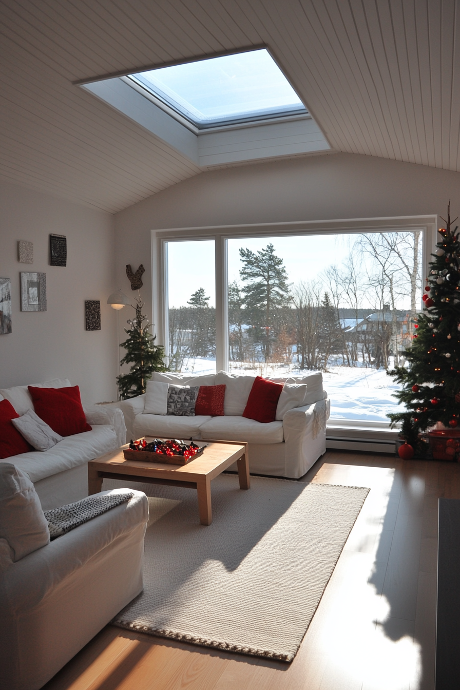 Scandinavian-inspired space. Red and white decorations, northern lights through skylight, wide-angle view.