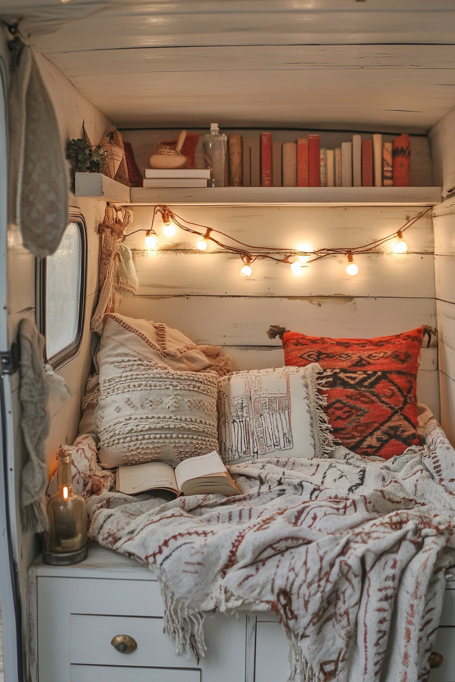 Desert-Boho camper reading corner. Exposed whitewashed wooden surface adorned with Navajo compromised book lights.