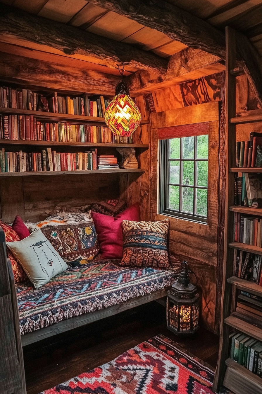 Desert-Boho camper reading corner. Tribal print blanket, rustic wood bookshelf, lantern light.