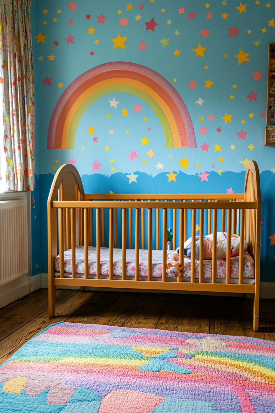 Wide angle view of cheerful baby space. Rainbow stars on sky-blue wallpaper.