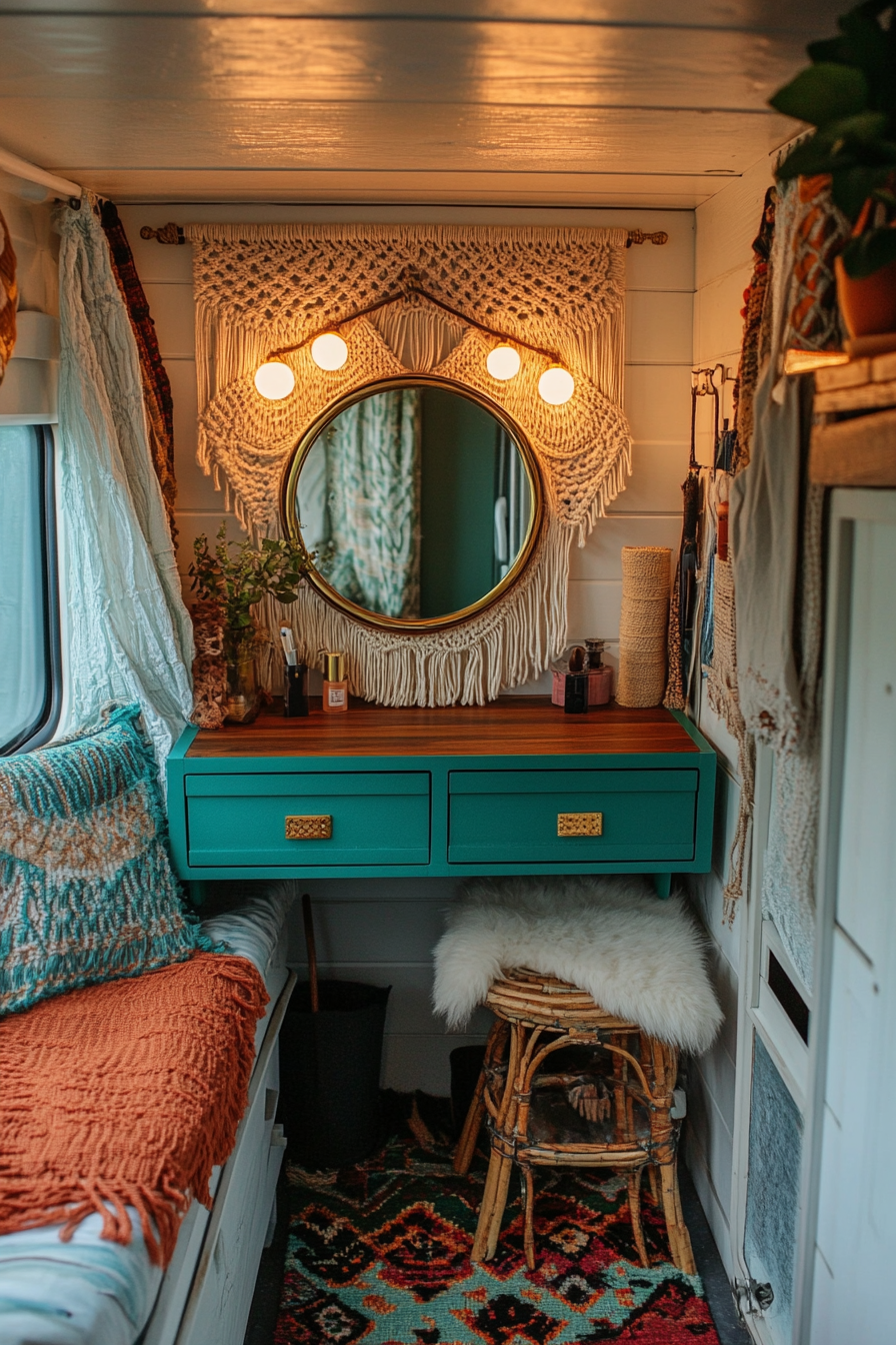 Bohemian Van Vanity Area. Hanging macrame makeup storage with gold ring light on turquoise folding mirror.