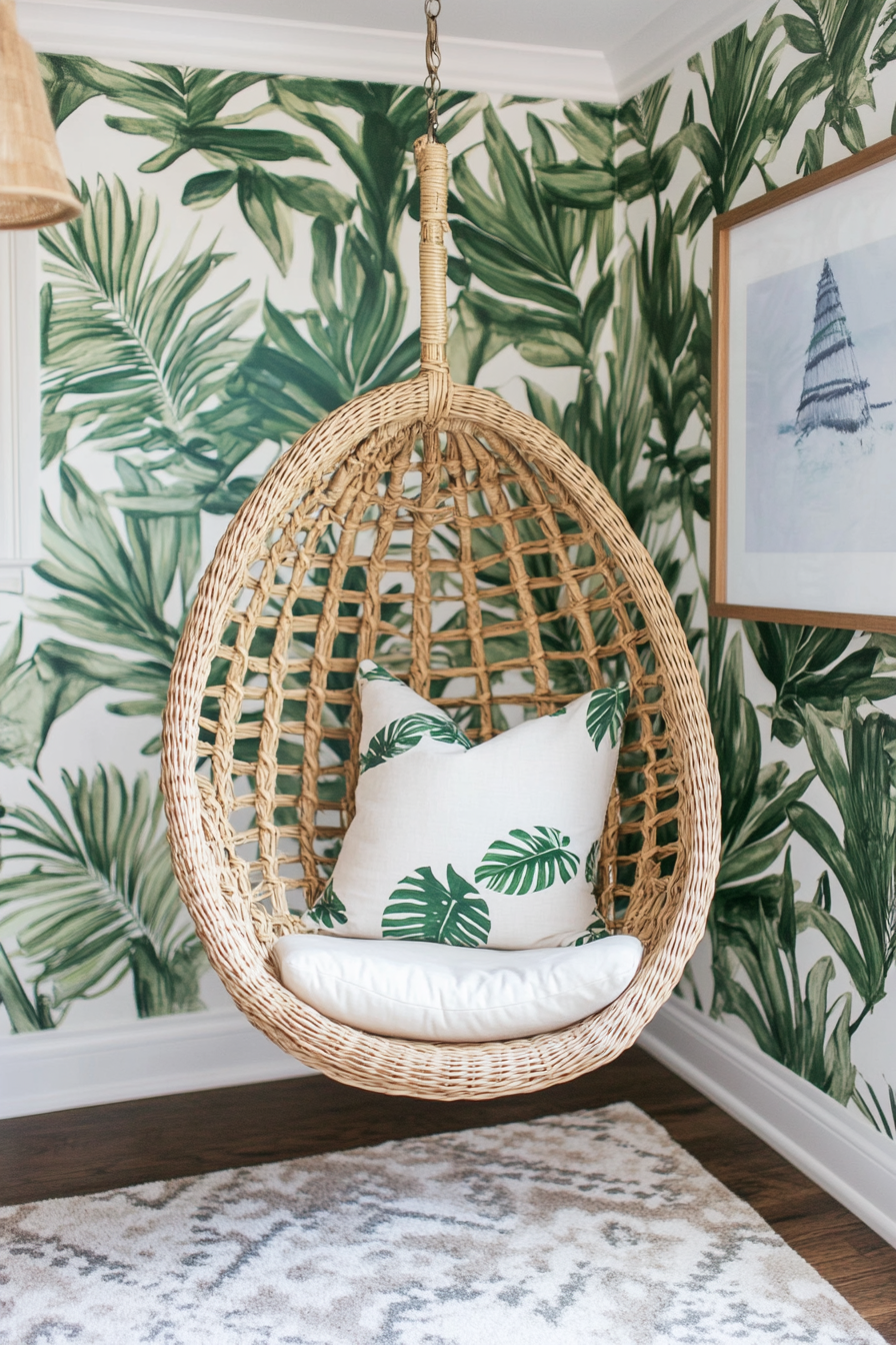 Tropical-Modern Tiny Office. Rattan swing chair with palm leaf upholstery.