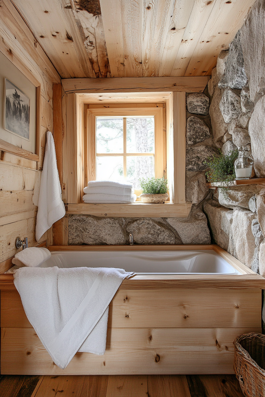 Natural tiny house bathroom. Wooden soaking tub with stone wall backdrop.