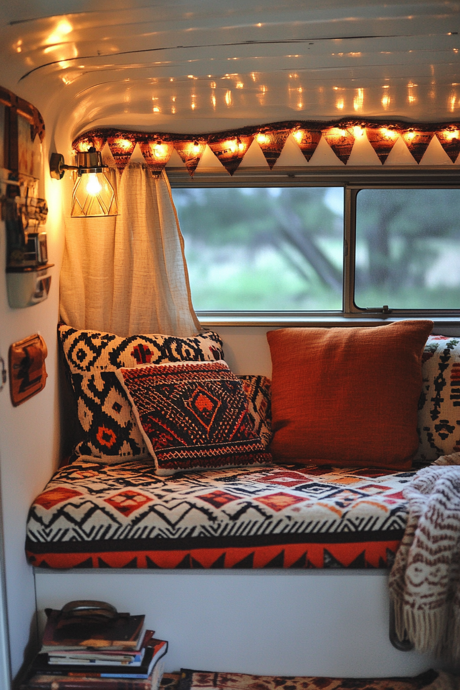 Desert-Boho reading corner. Vintage camper adorned with Aztec patterned cushions and warm-toned book light.