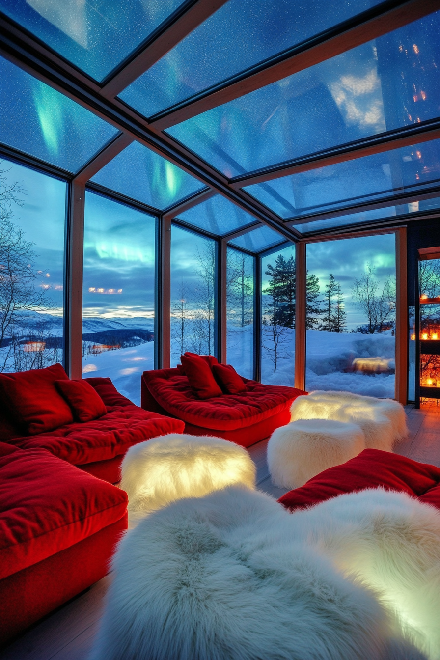 Scandinavian-inspired space. Red love-seats, white fur throws, northern lights through glass ceiling.