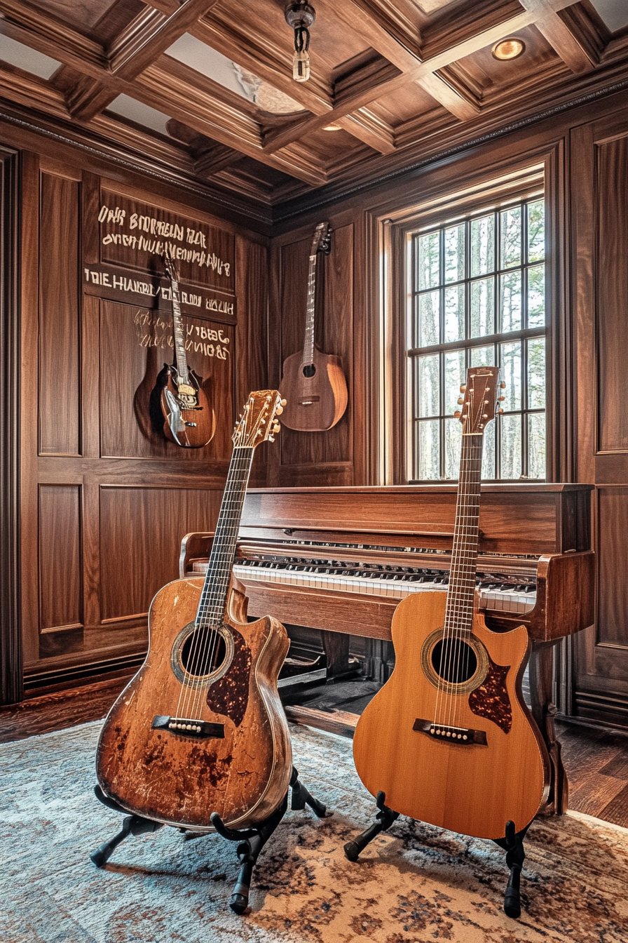 Music Room. Oak panels, twin rusty guitars, ceiling-mounted wording, walnut keyboard stand.