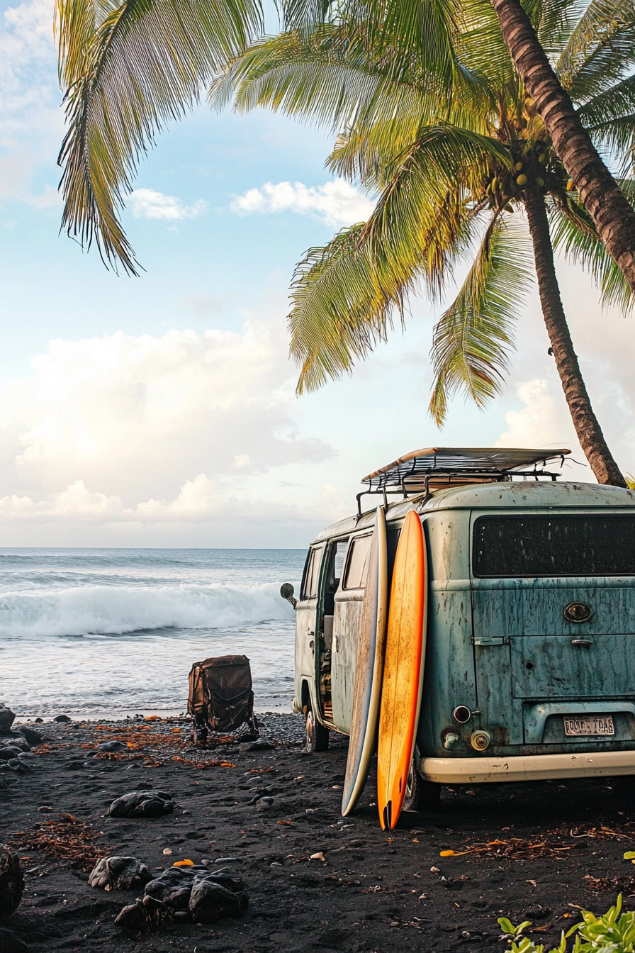 Wide angle view. Black sand beach, surfboard rack, vintage van with outdoor shower.