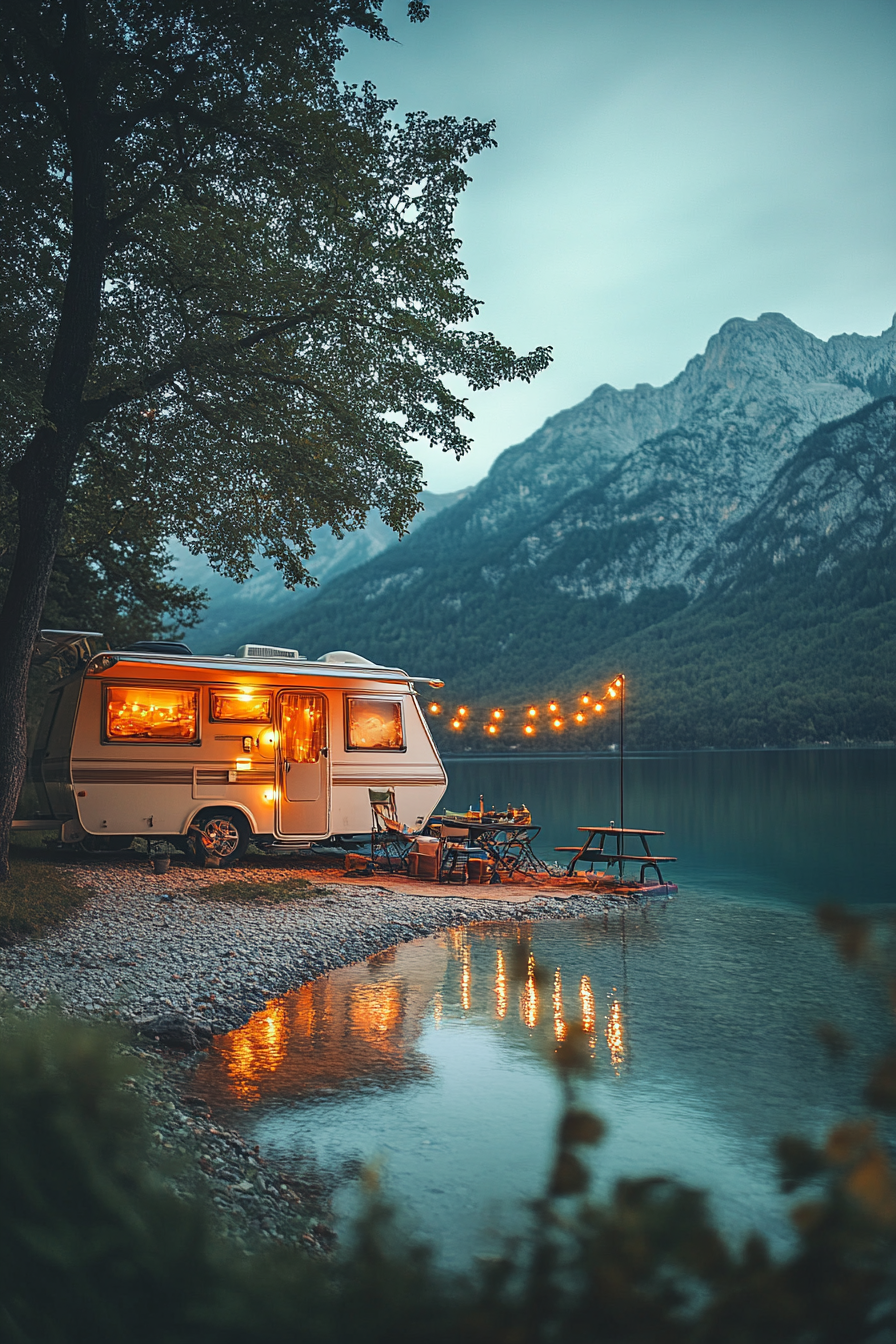 Wide angle view. Retro-styled RV with metal gliders, string lights, beside clear mountain lake.