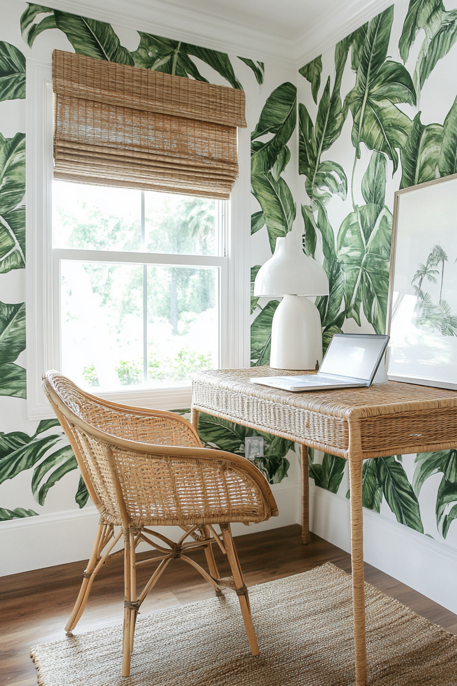 Tropical-modern tiny office. Leaf-patterned wallpaper, wicker chair, spice color rattan desk.