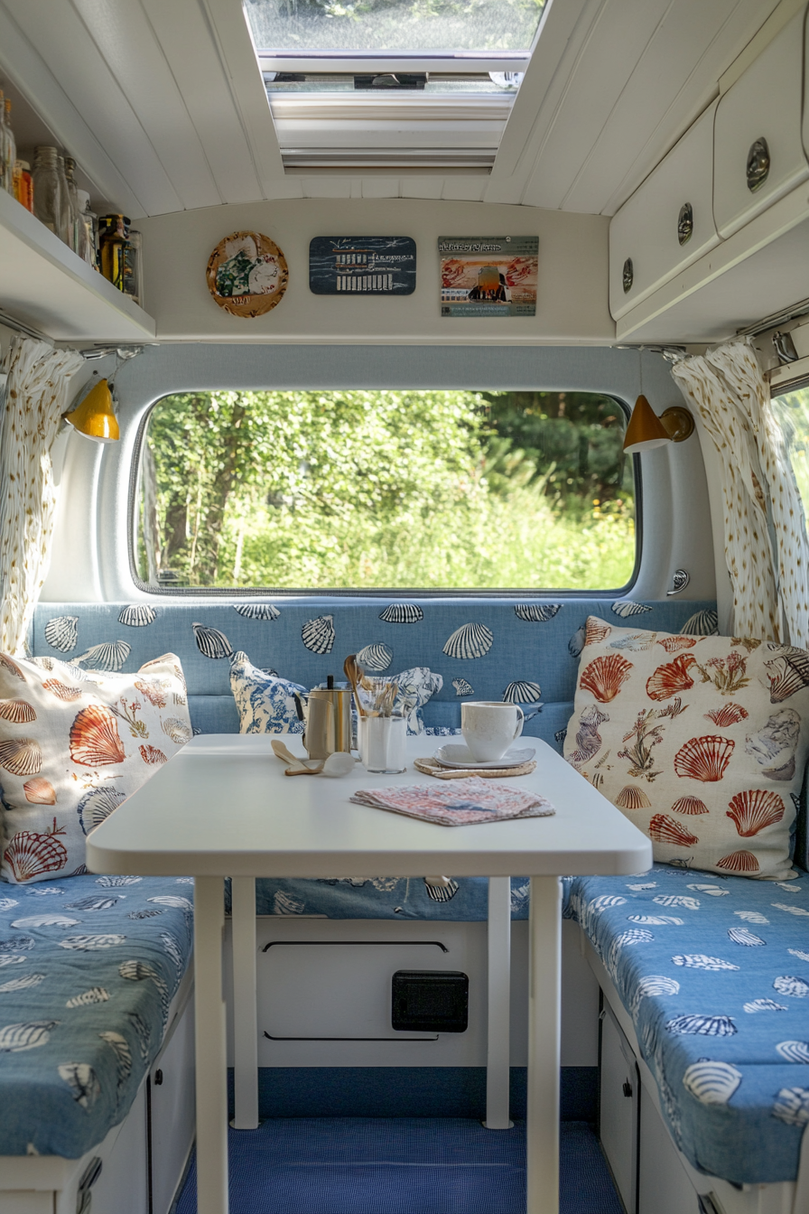 Van dining area. Blue sofa seats, cream shell-patterned upholstery, white fold-out table.