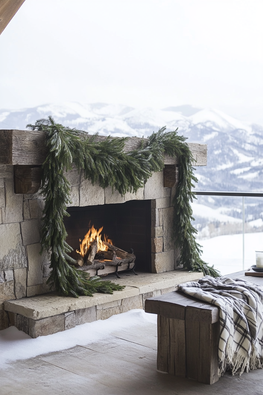 Farmhouse-style space. Pine garlands on wooden fireplace, overlooking snowy mountains.