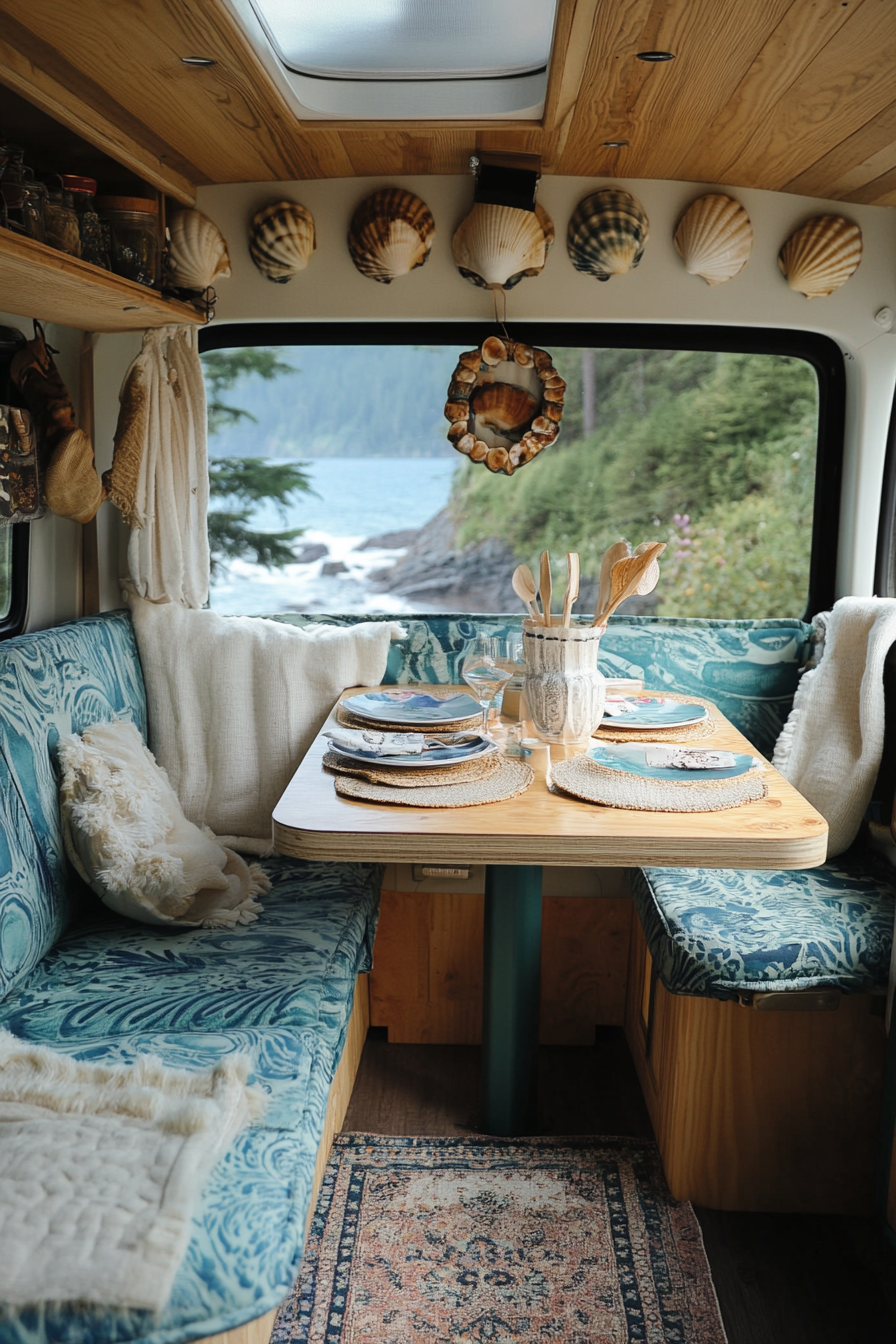 Van dining area. Oceanview seats, fold-out table, scallop shell decor