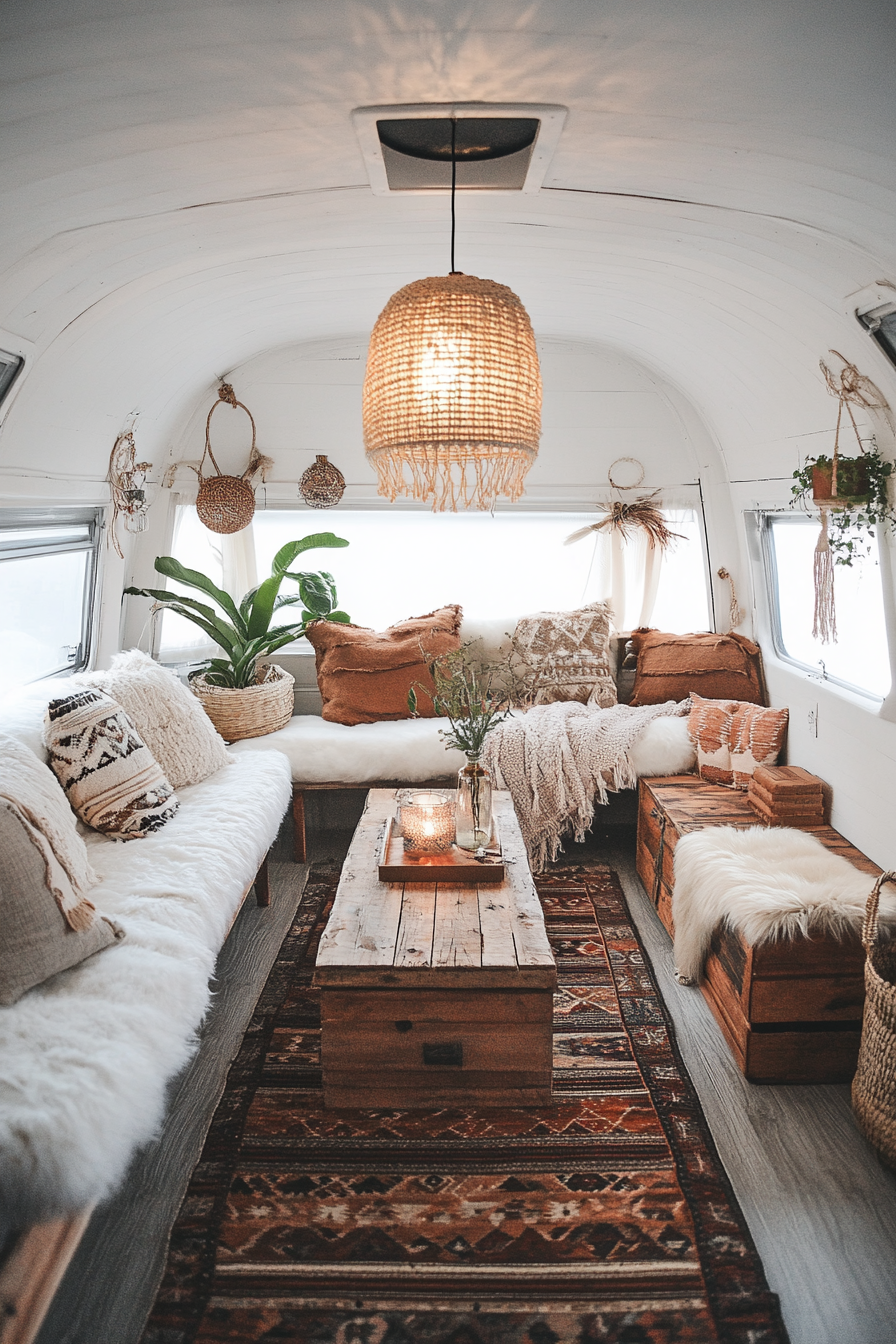 Scandinavian camper lounge. Macrame pendant light over a reclaimed wood coffee table.