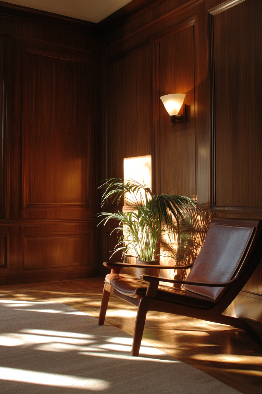 Wide-angle view. Mobile workspace, walnut paneling, Eams vintage chair, dramatically lit.