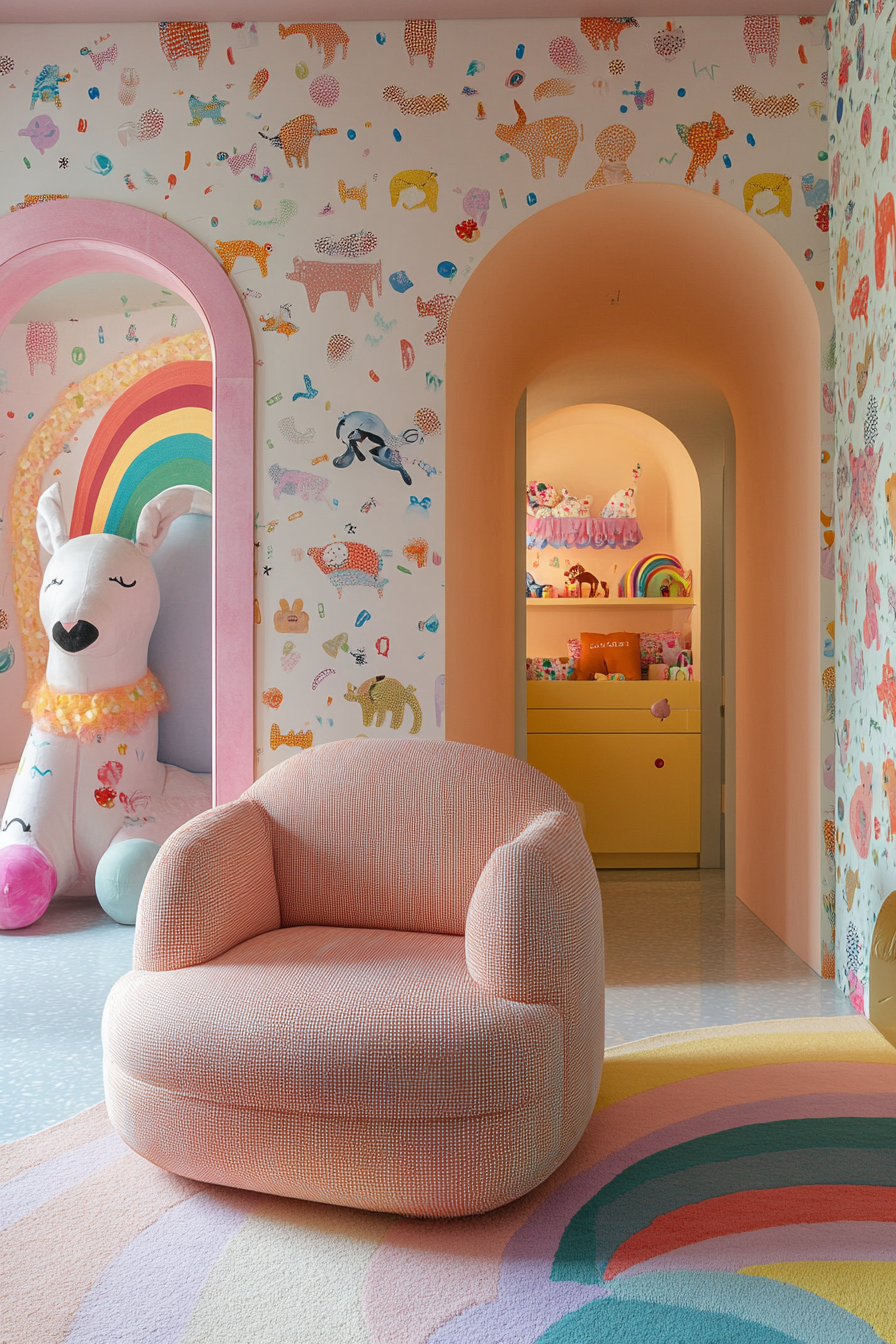 Wide-angle room view. Cheerful baby space with pastel rainbows and animal-patterned wallpaper.