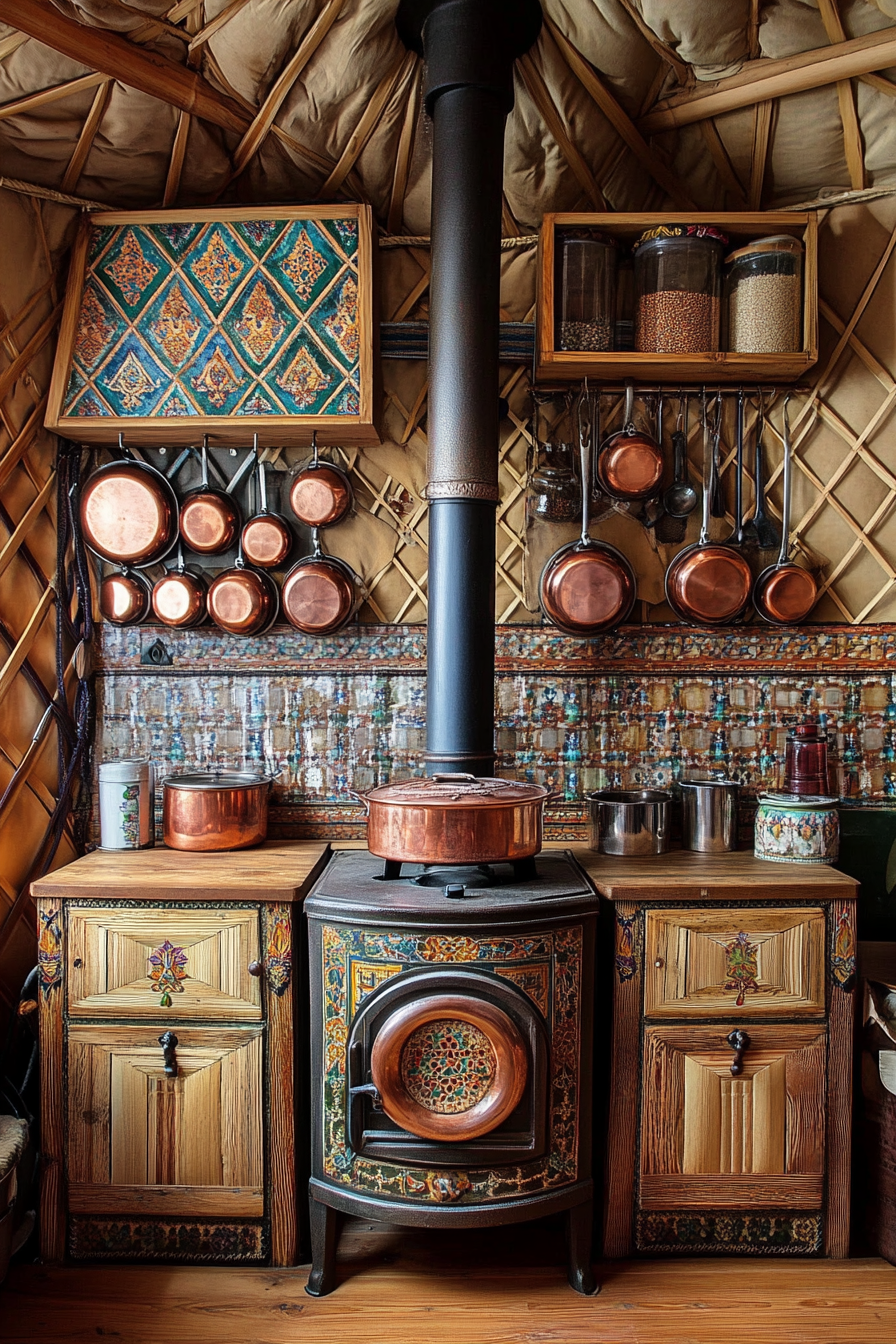 Alpine-style yurt kitchen view. Wooden stove with cluster of copper pots and spice wall.