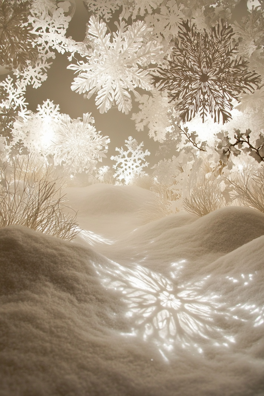 Wide angle Christmas decor view. Frosted valley under white light adorned paper snowflakes.