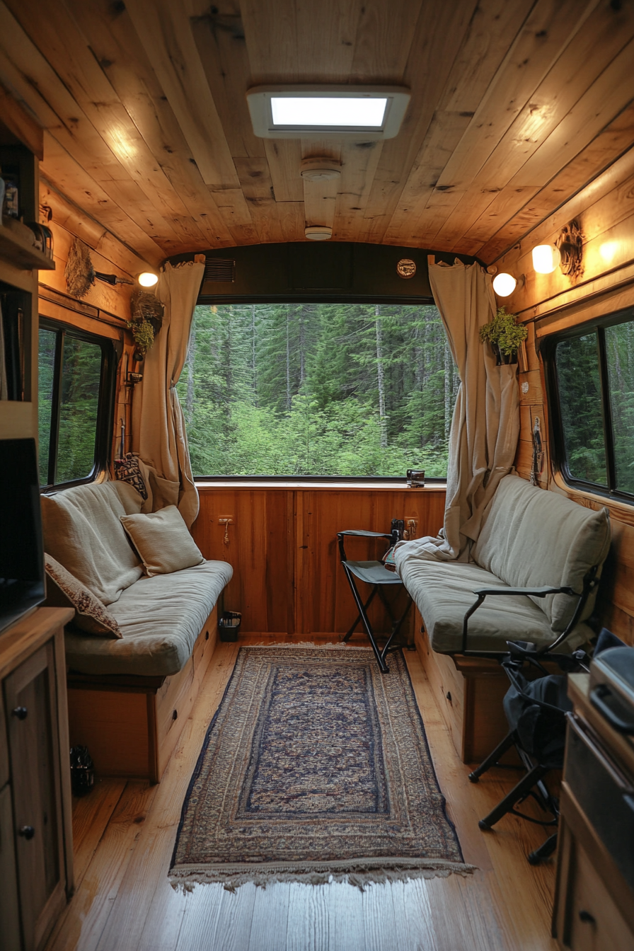 Van lounge. Pine paneling, forest-view windows, collapsible canvas camp chairs.