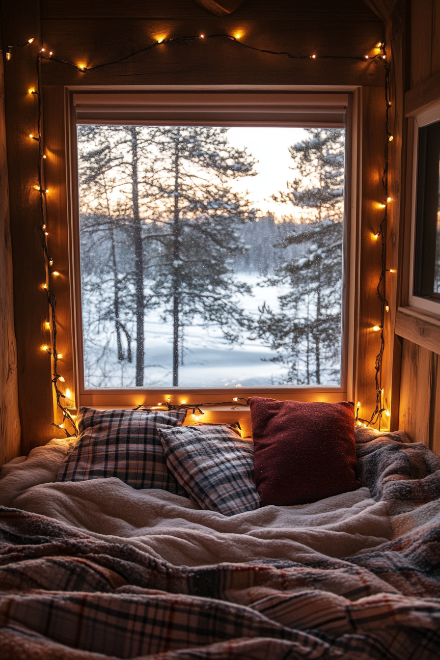 Wide angle view. Festive nook, flannel bedding, string lights, window overlooking snowy landscape.