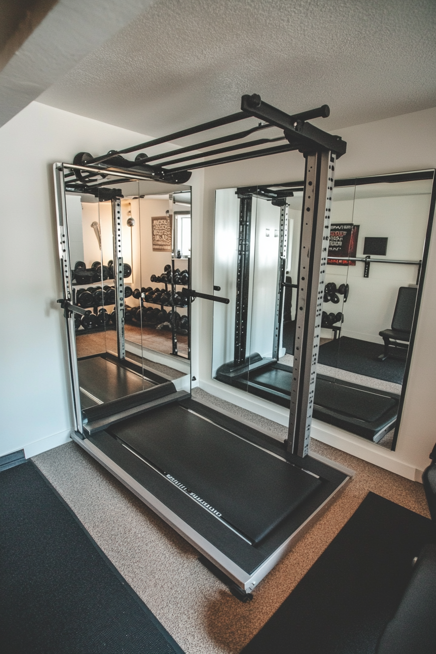 Contemporary tiny gym. Mirror wall, treadmill, overhead barbell rack, free space for yoga.