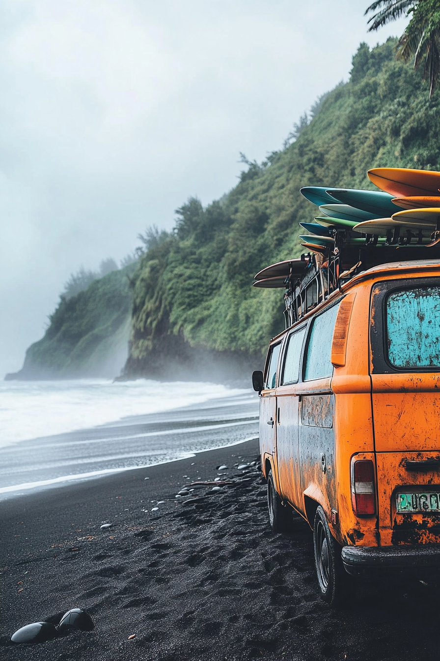 Wide angle view. Beachy van with surfboard racks on black sand beach, outdoor shower.