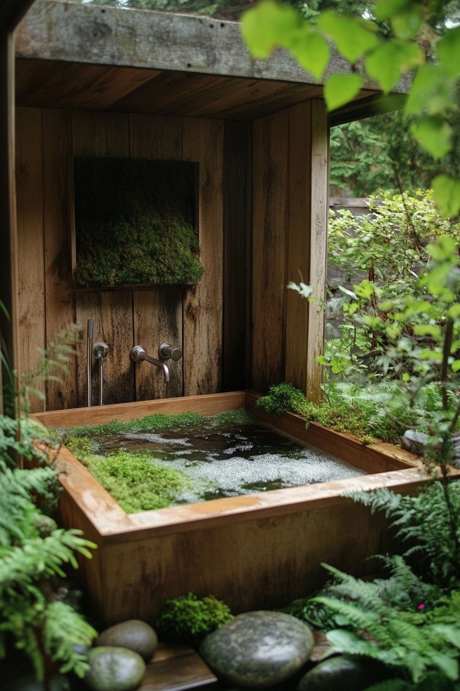 Tiny bathhouse. Square wooden soaking tub surrounded by mossy stones and ferns.