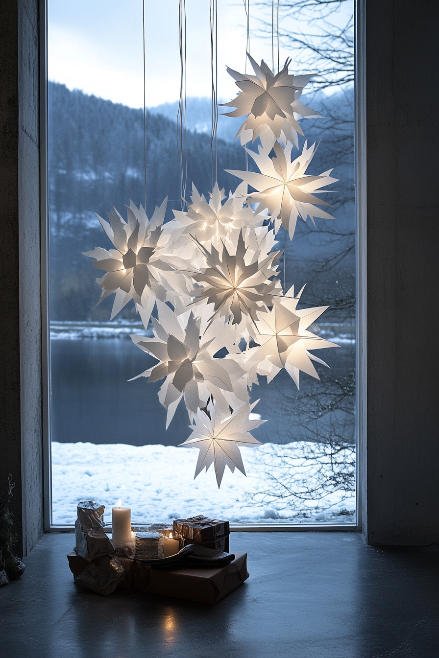 Wide angle Christmas décor. Modern hanging paper snowflakes, translucent white lights, overlooking frost-covered valley.