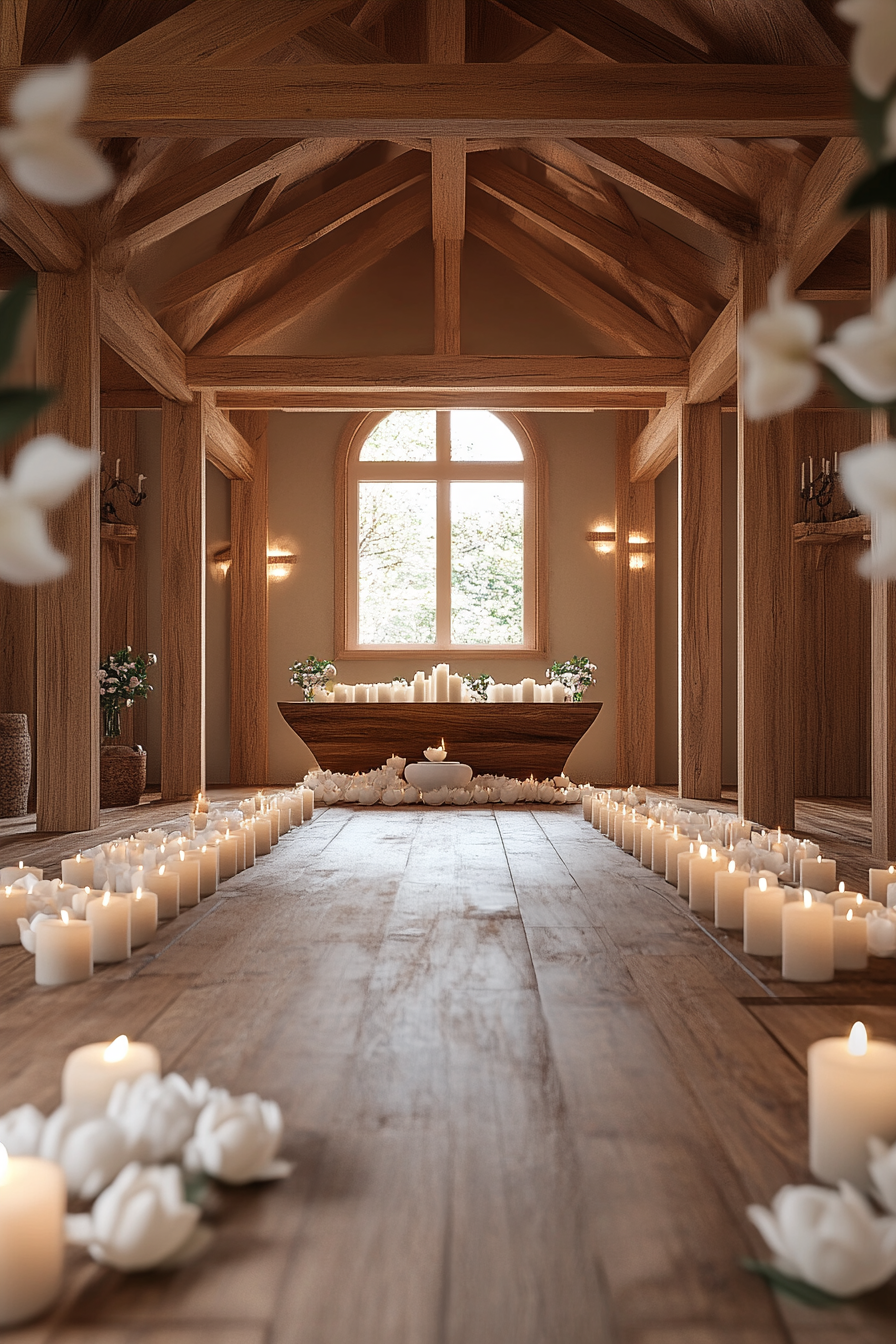 Meditation room. Oak wood altar with white candles and lotus flowers.