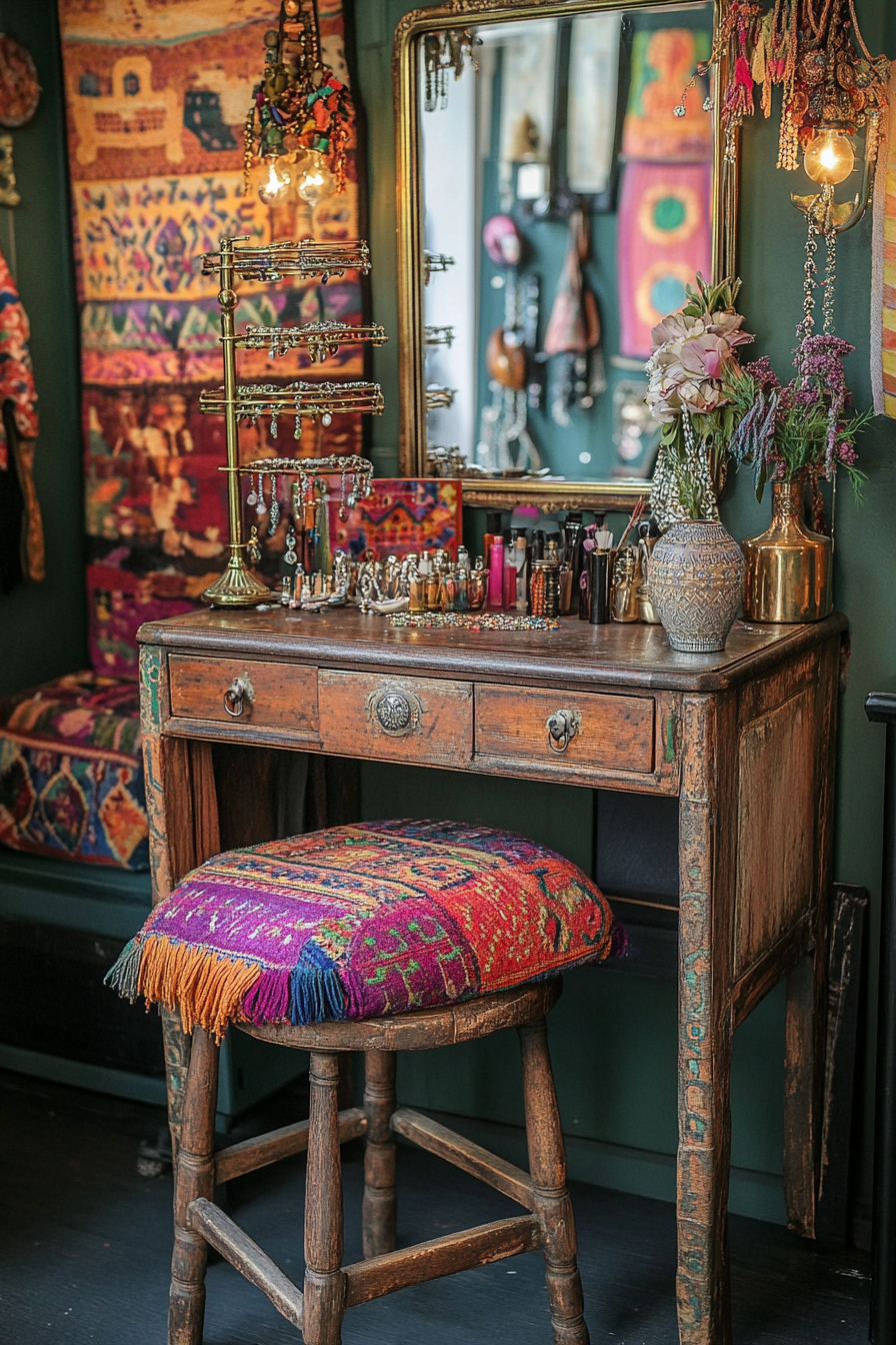 Bohemian van vanity area. Multicolored patchwork cushion on antique wooden stool, brass-tiered jewelry stand.