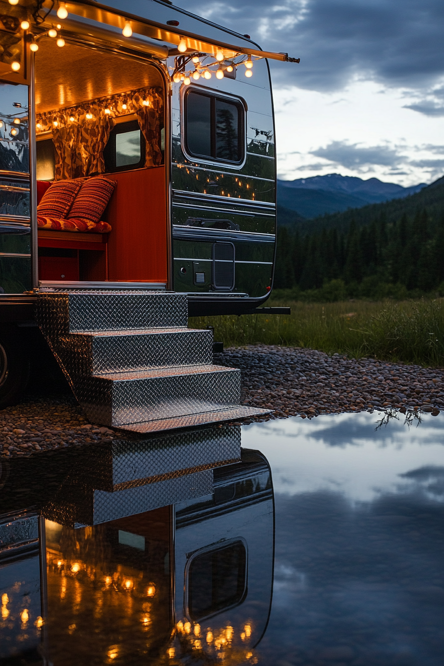 Retro-styled RV entrance. Chrome-plated steps, string lights, reflection in clear mountain lake.