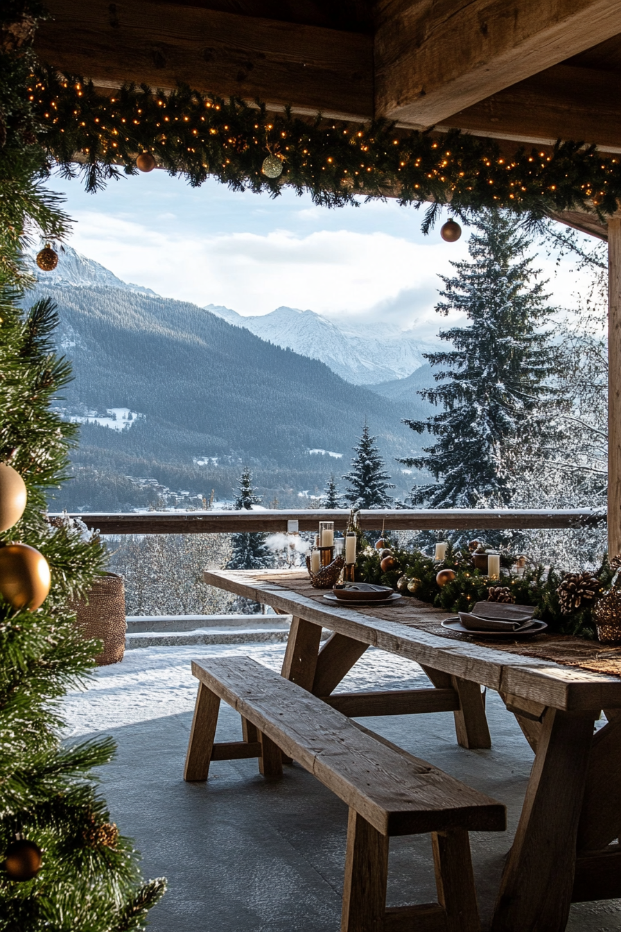 Farmhouse-style space. Pine garlands, wooden ornaments, snowy mountain view.