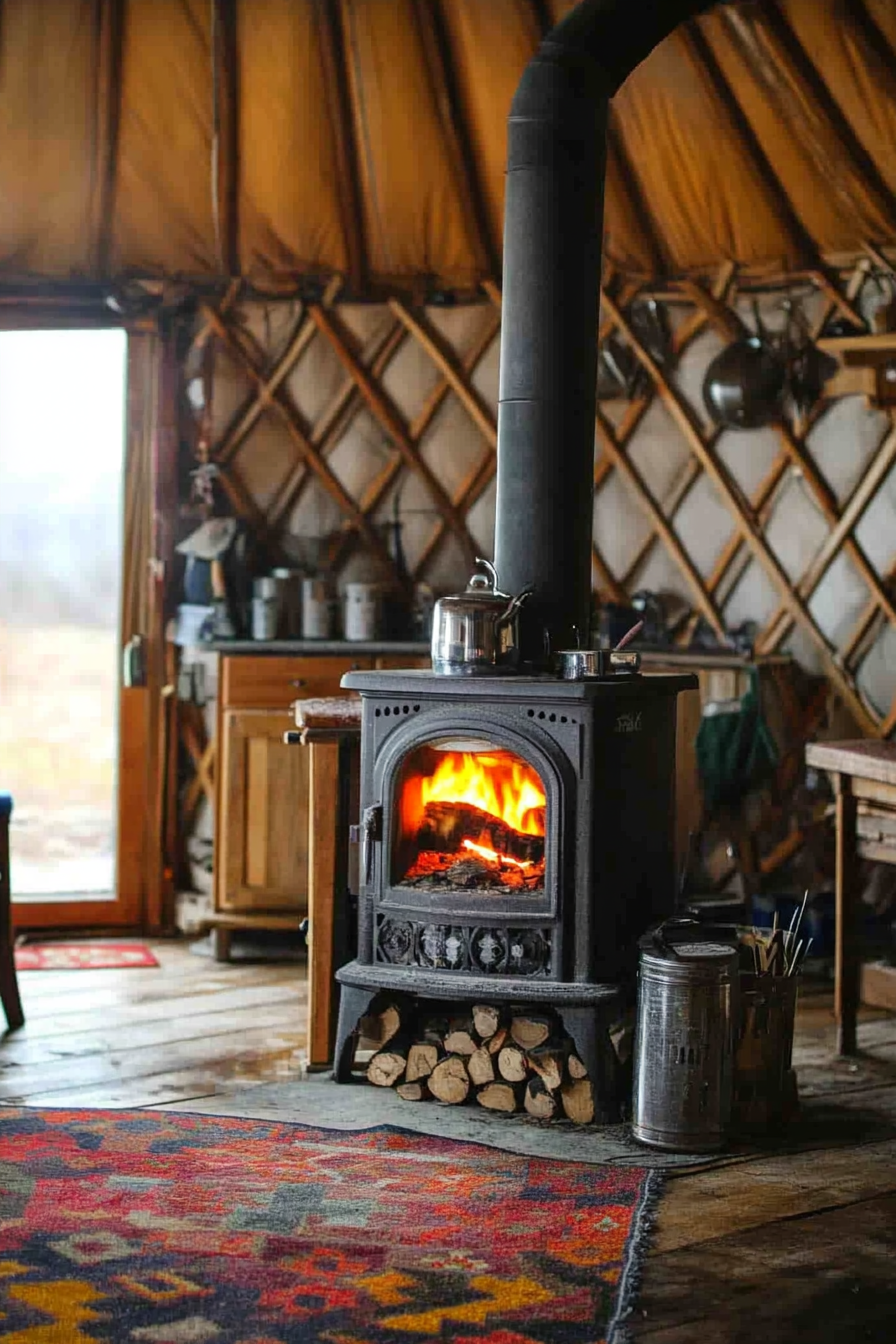 Alpine-style yurt kitchen. Flickering flames in the cast-iron wood stove.