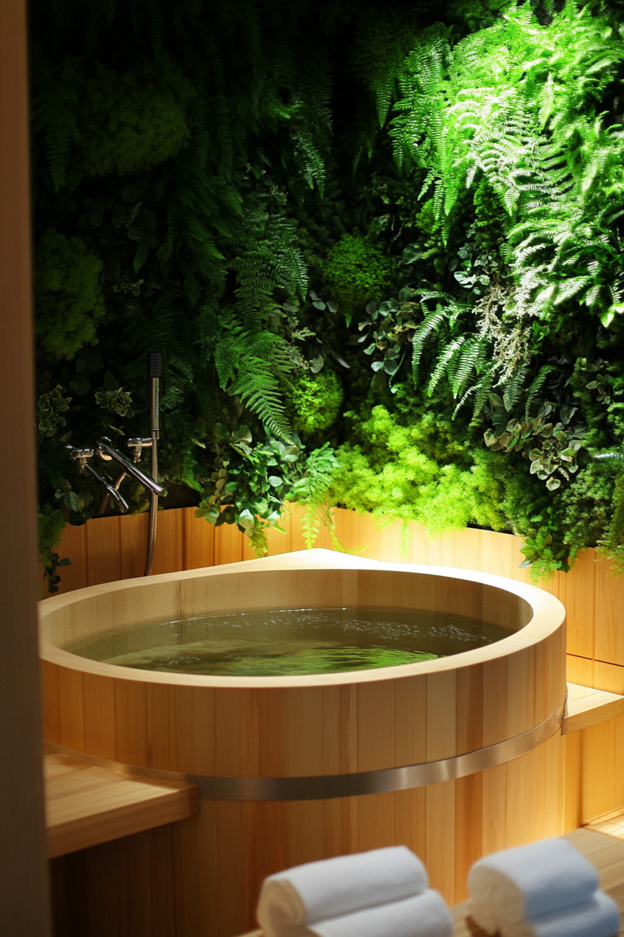 Tiny bathhouse. Oak soaking tub surrounded by fern wall and jade meditation bench.