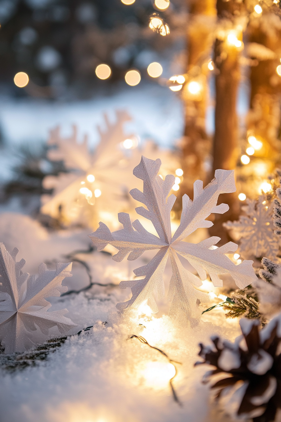 Modern Christmas décor. White lights with paper snowflakes, wide angle of frost-covered valley.