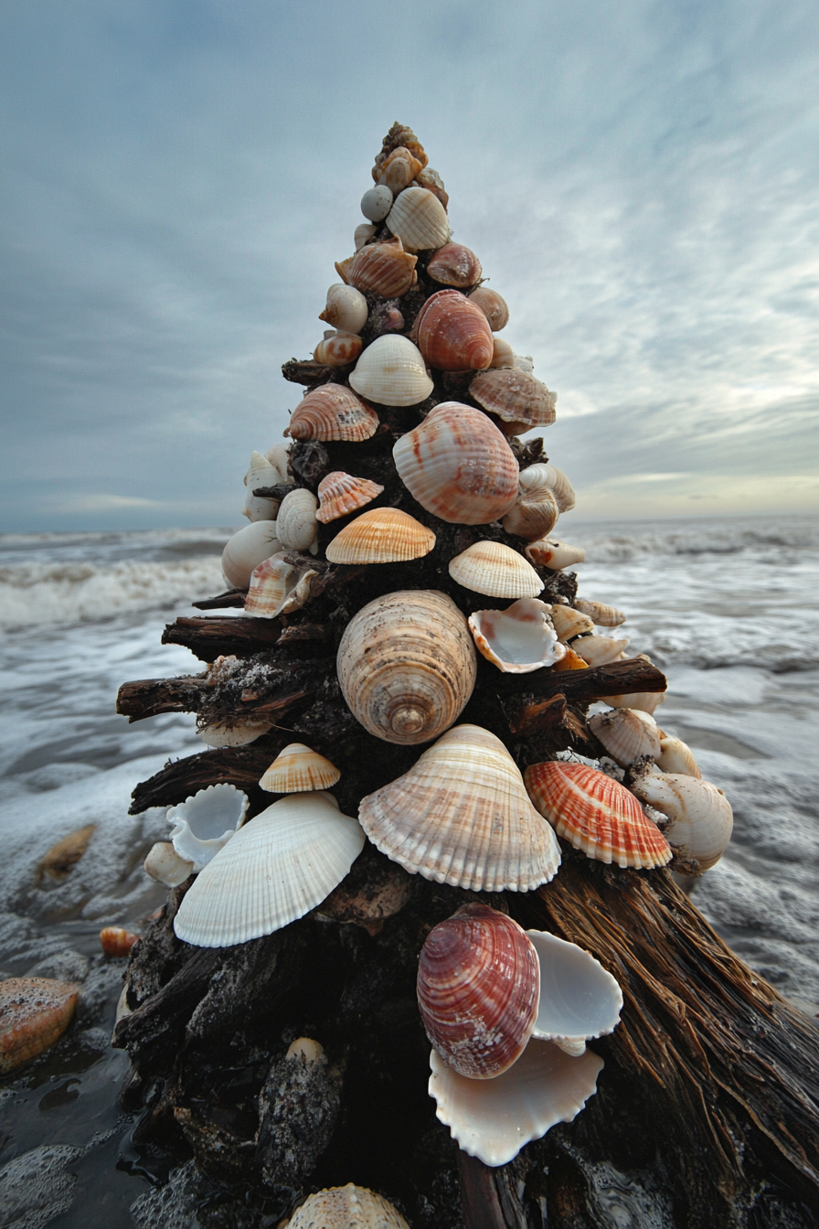 Holiday decor. Shell ornaments on driftwood tree, waves visible in wide angle view.