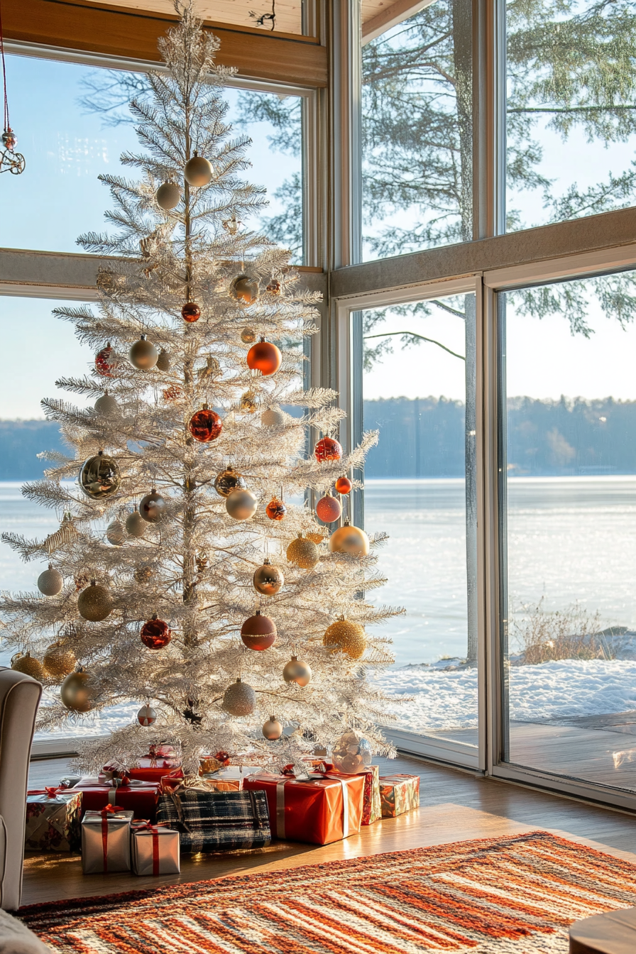 Retro holiday interior. Aluminum tree, vintage ornaments, ice-touched lakeside view.