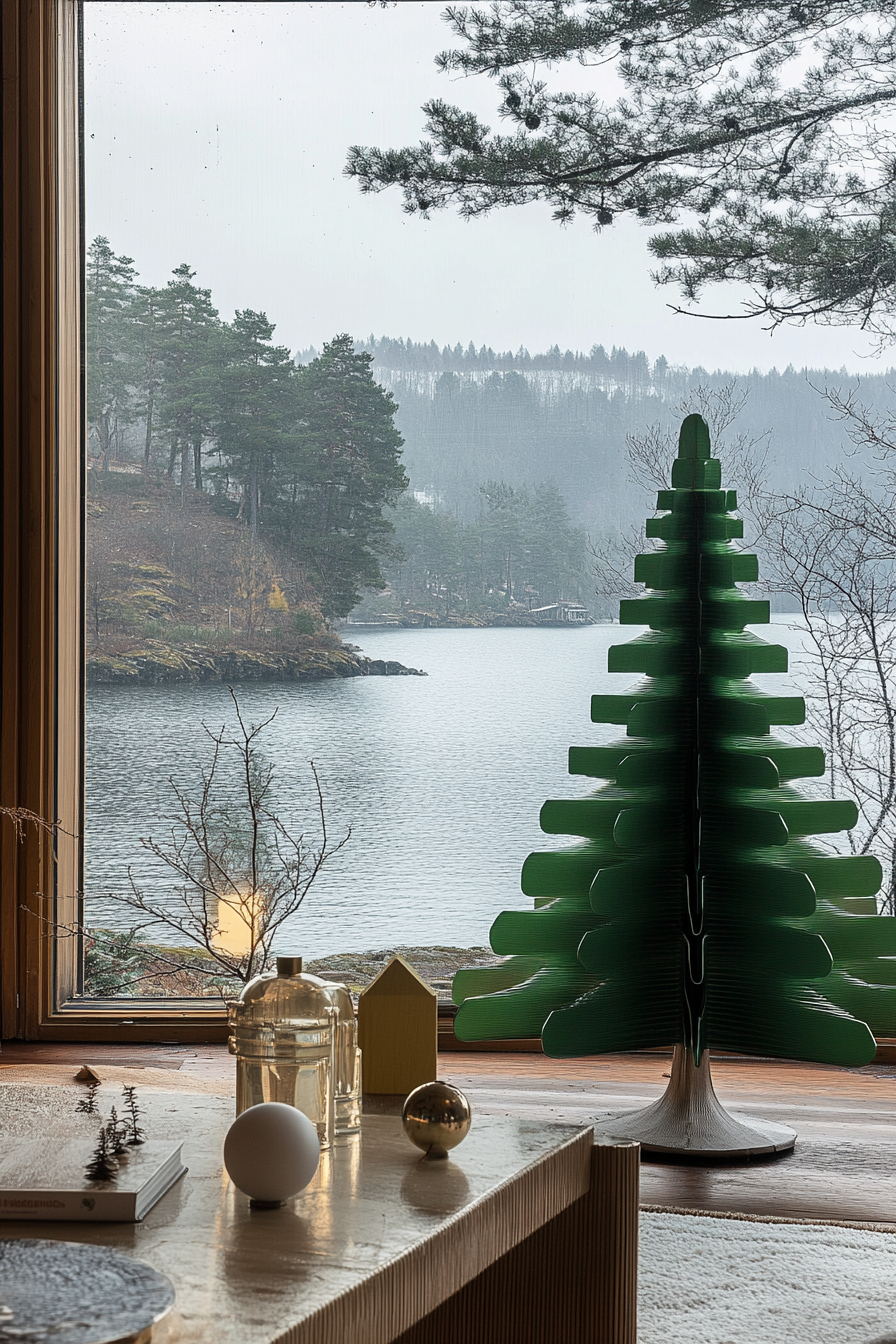 Retro holiday interior. Green aluminum tree by fogray window with lake view.