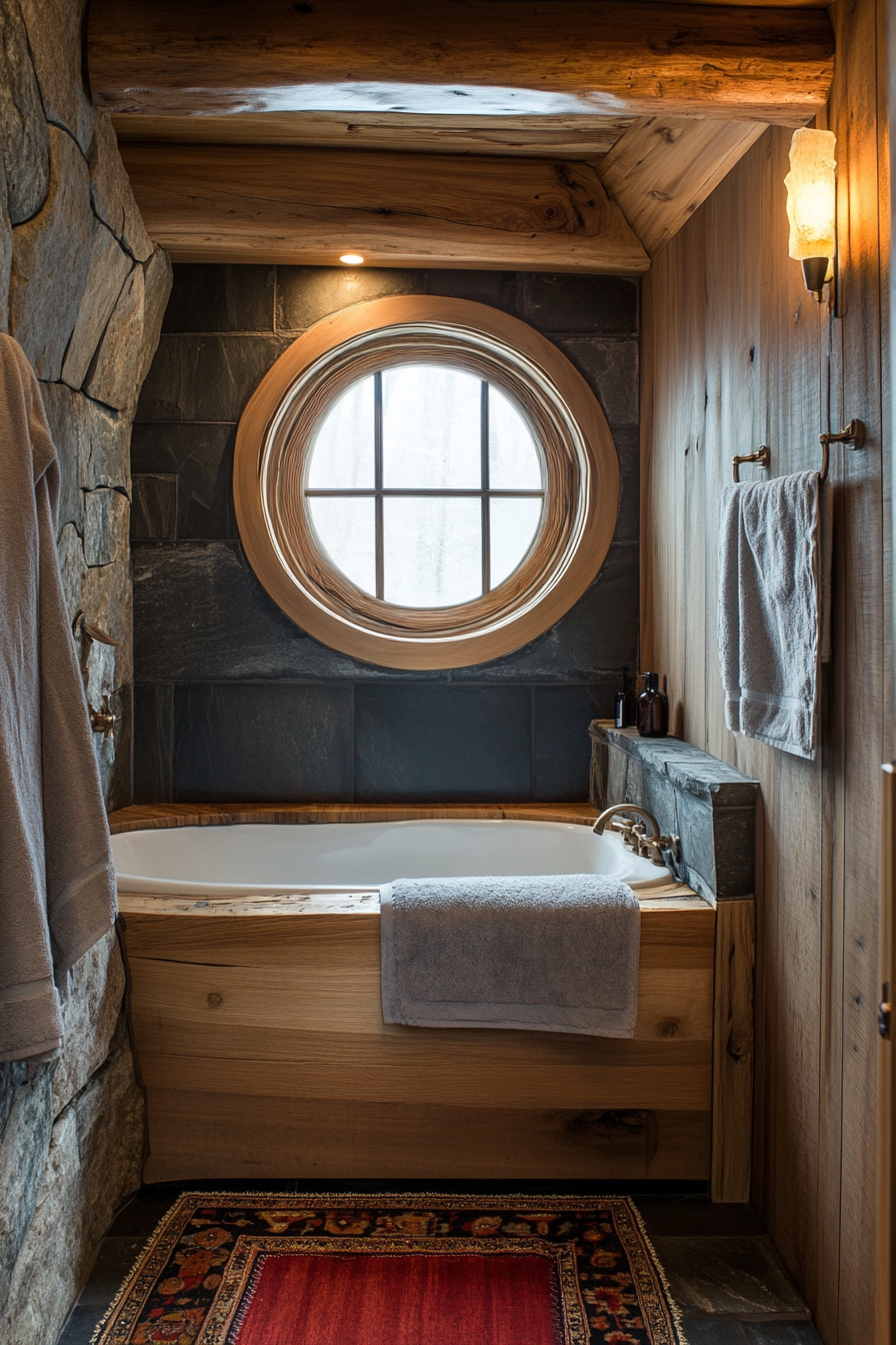 Natural tiny house bathroom. Wide lens. Wooden tub, stone accents.