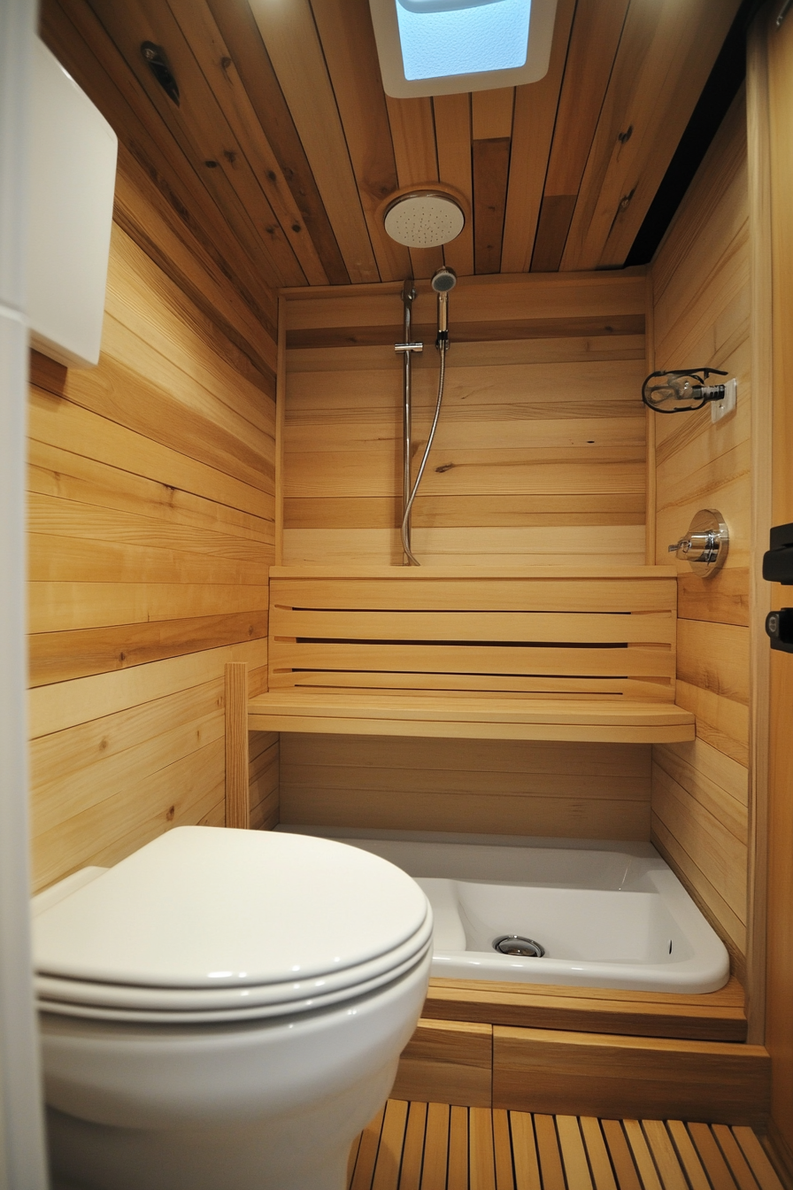 Contemporary camper bathroom. Smart toilet, rainfall shower, warm wood paneling, hidden storage.