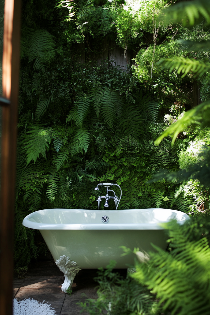 Tiny bathhouse. Soaking tub amidst a green fern plant wall.