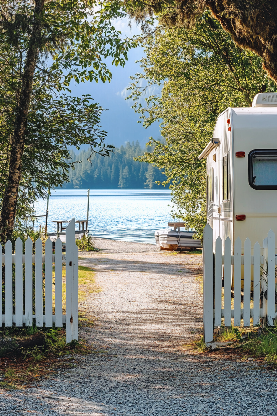 Retro-styled RV entrance. White picket fence beside iridescent blue mountain lake.