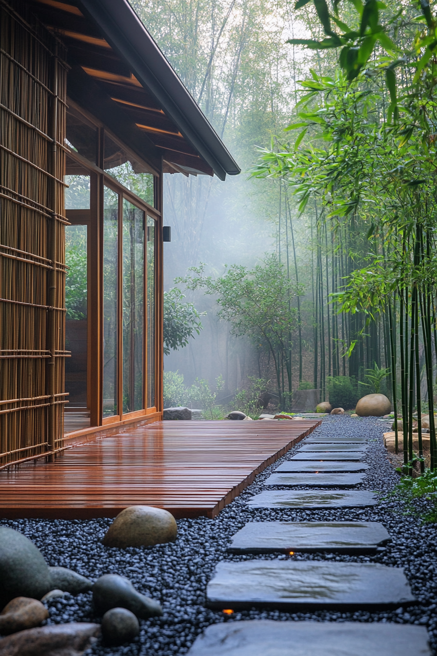 Wide angle view. Minimalist tiny house deck, bamboo screens, rock garden, misty bamboo forest.